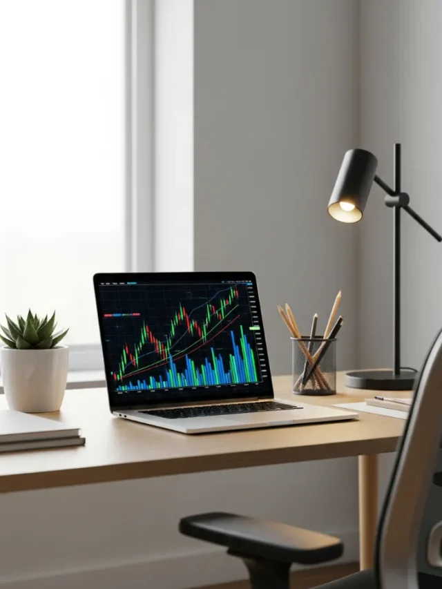 "A professional office desk with laptop showing digital financial charts, modern workspace, neat and organized, bright lighting, realistic style, 9:16, no text"